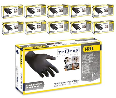 Generico Guanti Nitrile Nero Reflexx N81, Guanti Monouso Nitrile (100/300/1000 Pezzi) Guanti Usa e Getta per Alimenti, Uso Ho.Re.Ca. (1000 Pezzi, Taglia XL)