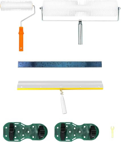 EXLECO Kit D'outils de Ciment Autonivelant avec Raclette Dentée 56CM, Rouleau Debulleur 50CM, Rouleau à Pointes 23CM, Chaussure a Pointe Ragreage 30MM, Gants de Travail pour Niveler le Sol Composé