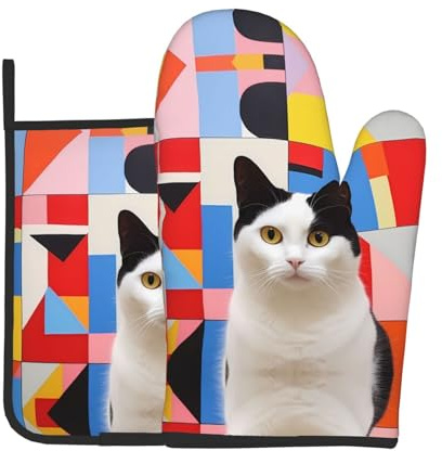 GGNKDL Gatto bianco con orecchie nere modello guanti da forno e presine set per aprire il coperchio della pentola in cucina, forno a microonde, forno