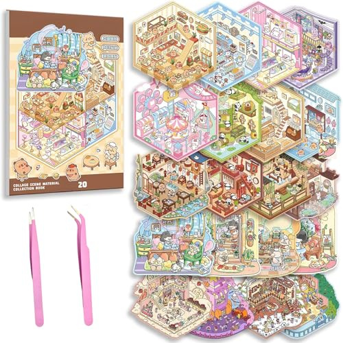 20 Sets DIY 3D House Stickers Kit Non-Toxic & Safe 3D Miniature Scene Therapy for Kids and Adults, Stress Relief Sticker Scenes with Tweezers Creative Fun & Reusable DIY Sticker Therapy Kit for age 3+