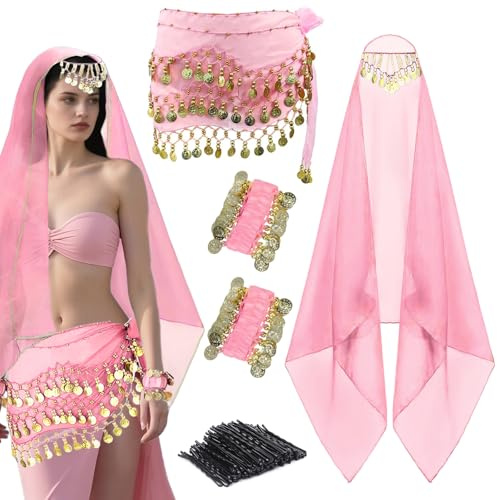 4 Stk Bauchtanz Kostüm Set Hüftschal Kopftuch Münzen Armband Damen | Mit 50 Haarnadeln, Halloween Rave Kostüm Zubehör, Karneval Party Outfit, Bauchtänzerin Verkleidung, Festival Accessoires