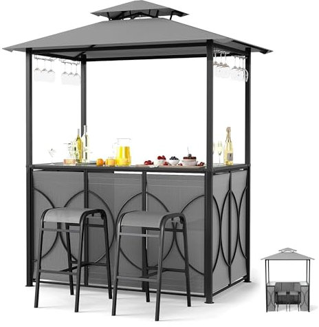 RELAX4LIFE Tonnelle Barbecue Extérieur avec 2 Tabourets | Auvent Abri Barbecue | Toit Ventilé | Comptoir en Verre Trempé | Etagères 2 Niveaux | Porte-Verre | Crochets | pour Terrasse Jardin