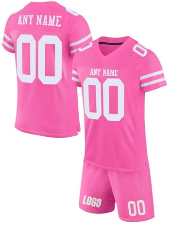Maillot de Football Américain Personnalisable pour Hommes Femmes Jeunes Préscolaires Personnalisé Sport Maillots avec Logo Nom et Numéro Manches Courtes à Séchage Rapide T-Shirts avec Shorts Pink