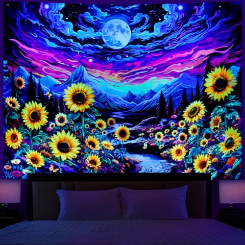 Dermijer Blacklight Moon Sunflower Tapestry Starry Night Mountian UV Reactive Wall Hanging Tapestries Galaxy Space Nature Landscape Tapestry for Home Decor 59.1L x 51.2W