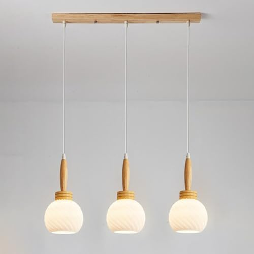 Wmmner Lampadari Moderni a Sospensione in Vetro a 3 Luci, Lampada a Sospensione in Vetro per Isola Cucina, Lampada a Sospensione in Legno, Lampada a Sospensione per Sala da Pranzo (B, Rotonda)/B/Lungo