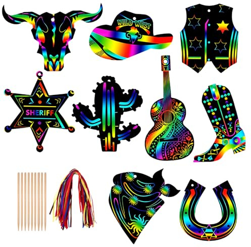 QsiuYbng 270 Pcs Rainbow Scratch Paper Set for Adults Western Party Favors Scratch Art Cardstock with Bamboo Sticks & Ribbons for Cowboy Party Favors Western Theme Birthday Party Supplies
