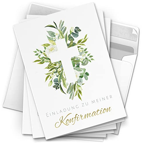 30 Einladungskarten Konfirmation - Motiv großes Kreuz Blätter - moderne Klappkarten mit Umschlägen - Einladungen zu Konfirmationsfeier Einladung Karten