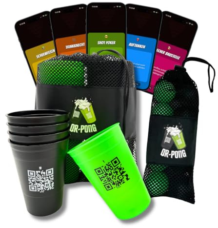 QR-Pong - Beer Pong mit App und 3.000 lustigen Aufgaben - 22 Wiederverwendbare Hartplastikbecher - Das coolste Geburtstagsgeschenk - Trinkspiel Set + 10er Bälle Set