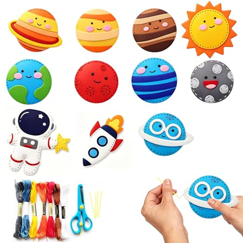 MFCGHXR Manuelle Nähmaterialsätze Kinder 11er Set – DIY Filz Nähset Weltraum Astronaut & Planeten, kreatives Bastelset Lernspielzeug, buntes Handarbeit Set für Anfänger, Reise & Geschenkidee