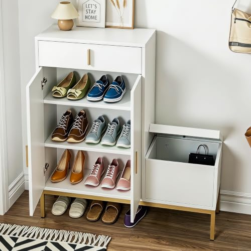 KEEPREAPER Schuhschrank mit Sitzbank Tiefe 30cm Schuhkommode Weiß + Gold | mit verstellbaren Trennwände, Schuhaufbewahrung mit Verstecktes Staufach und Schublade, Flur Eingang und Wohnzimmer
