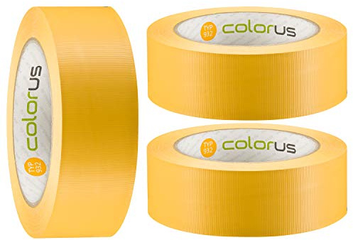 Colorus PVC-Band Gipser Klebeband 38 mm x 33 m gelb 3 Rollen | Gerilltes Kunststoff-Klebeband für innen und außen – rückstandsfrei entfernbar und 14 Tage UV-beständig