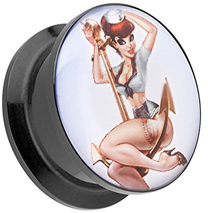 Piercingfaktor Ohr Plug Flesh Tunnel Piercing Ohrpiercing Kunststoff Schraub Schraubverschluß Picture mit Matrosen Mädchen auf Anker Pin Up Motiv 14mm