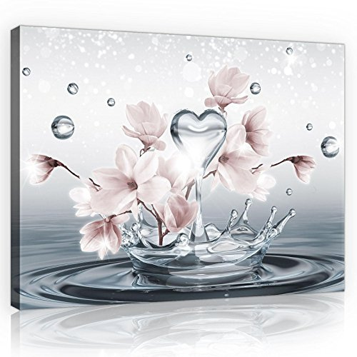 Forwall Leinwand Bilder - Magnolie Blumen Wassertropfen Herz - 100x75 cm | Leinwandbilder, Bild auf leinwand, Wandbild XXL groß Wandbilder für Wohnzimmer Schlafzimmer Wohnzimmerbilder