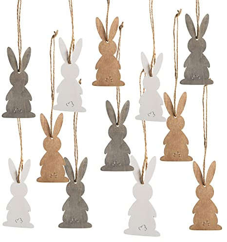 Logbuch-Verlag Osteranhänger aus Holz, 12er Set: Osterhasen-Deko zum Aufhängen, Osterschmuck mit Schnur für Osterstrauch und Geschenke, Zeitlose Osterdeko, Osterhasen-Anhänger für Zuhause, 10 cm