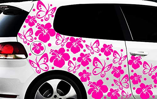 HR-WERBEDESIGN 122-teiliges Set Auto Aufkleber Hibiskus Blumen Schmetterlinge HAWAIIWANDTATTOO