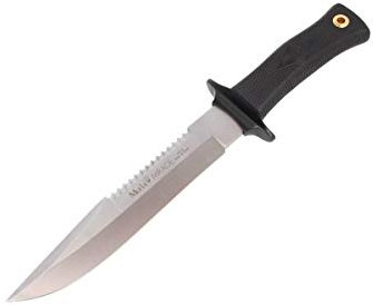 Muela Cuchillo Mirage MIRAGE-20 hoja de acero ACX-380 de 20 cm y empuñadura de goma negra para Caza, Pesca, Supervivencia y Bushcraft Realizado en Ciudad Real + Portabotellas de regalo
