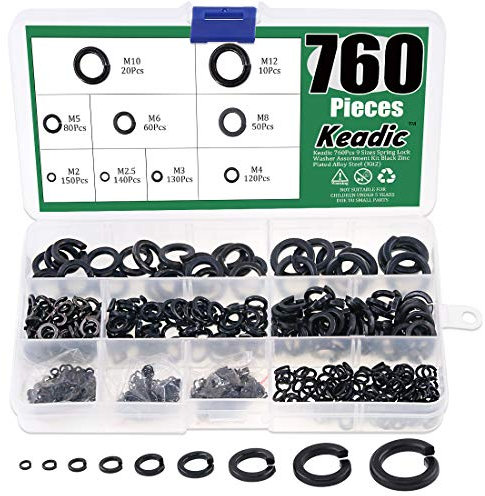 Keadic Assortiment de 760 rondelles de verrouillage à ressort en alliage d'acier zingué noir, 9 tailles – M2 M2.5 M3 M4 M5 M6 M8 M10 M12 (kit 10)