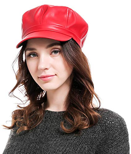 Yixda Retro Damen Schirmmütze Kappe PU Leder Cabbie Hut Gatsby Barett Cap (Rot)