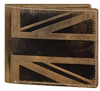 Hudson & James Designer London Real Distressed Leather Mens Wallet with Zip Coin Pocket Credit Carder Holder Bifold Purse UK Union Jack (Brown)