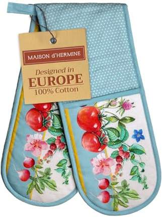 Maison d' Hermine Double Oven Mitts 100% Double Cotton Oven Glove 18 x 89cm | Heat Resistant BBQ Cooking Gloves with Loop Baking Grilling Kitchen Hotel Home Farmhouse Spring Summer - Giverny