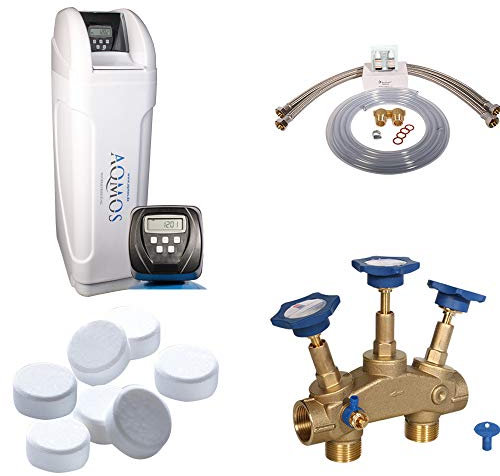 Aqmos CM-100 Wasserenthärtungsanlage im Set mit Montageblock und 100kg Regeneriersalztabletten | Wasserenthärter für Haushalte bis zu 6 Personen | Entkalkungsanlage, Antikalkanlage für weiches Wasser