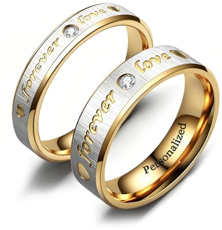 Ihanskio Personalizzato Anello per le Coppie Doppio Della Banda di Colore Del Modello Anelli All'interno Può Inciso Personalizzato di Nozze Promessa Anelli di Fidanzamento 6-13# (Gold-Love, Custom)