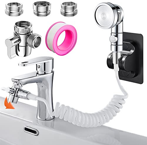 Roscid Set Doccetta per Lavandino con 2M Tubo Telescopico per Bagno, Cucina, Bidet, Doccino per Doccia con Rubinetto Adattatore M22-M24, G1/2 (Rubinetto non Incluso), Tubo Bianco