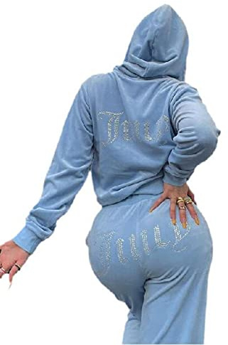 Mujer Conjunto De Chándal De Diamantes De Imitación con Letras De Terciopelo, Sudaderas con Capucha BM y Pantalones De Chándal con Cremallera Completa, Conjunto De Dos Piezas Azul S