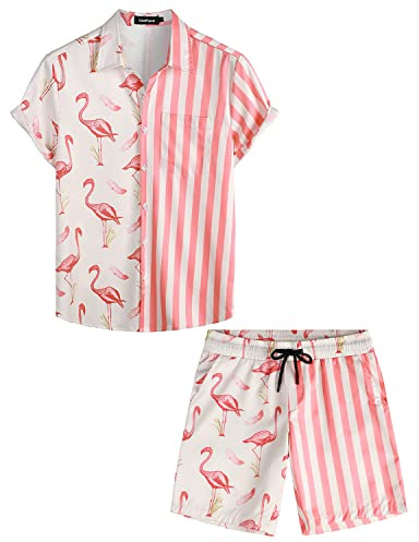 VATPAVE Herren Flamingo Hawaii 2 Teiliges Sets Kurzarm Strand Outfits | Hemd und Shorts, Sommer-Strand-Sets, Hippie, Festival, Urlaub, Party, Date, Rave, 2-teilig, Resort, Festival