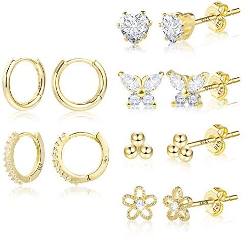 6/12 Paar Multipack Ohrringe Silber 925 Creolen Gold Ohrstecker Kleine Set | Multipack Stapelbar Ohrringe Set Damen Frau Kleine Knorpel Huggie Kreolen Creolen Eckig Oval Herz Ohrstecker mit Zirkon Stein