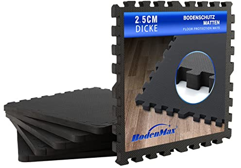 BodenMax Bodenschutzmatte Sportmatte Puzzlematte Fitnessmatte rutschfest Bodenschutz Pool Unterlegmatte | 58x58x2.5 cm | schwarz,blau und grau | 6, 12,18 Teile