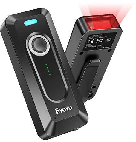 Eyoyo 2D Bluetooth Barcode Scanner mit Klipp, 2000mAh Akku mit Füllstandsanzeige, tragbarer Mini Wireless QR Code Barcode Scanner für Bibliotheksbuch Inventar Kompatibel mit iPhone, Android PC