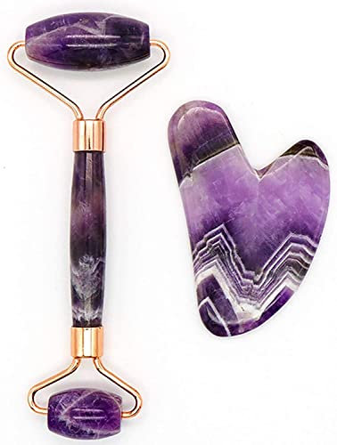 MUNANI Massagegerät, Massagestab, Massagerolle, Jaderolle und Gua Sha-Gesichtsrolle – Amethyst-Dermarolle und Gua Sha-Set for Hautpflege-Gesichtsrolle und Augenringe