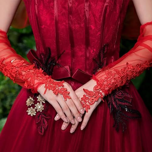 Fingerlose Spitzenhandschuhe für Damen,Hochzeit Braut Handschuhe Ellenbogen Lang Elegant Frauen Handschuhe Armstulpen Blumenspitze Brauthandschuhe Handstulpen für Fahren Hochzeit Oper Party-Rot