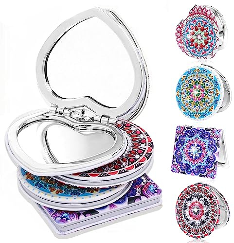 Foribyw 4PCS Diamond Painting Compact Mirror Women Girls, DIY Mandala Diamond Art Folding Travel Makeup Mirrors, Double-Sided Magnifying Cosmetic Mirror without Distortion for Purse Handbag Pocket