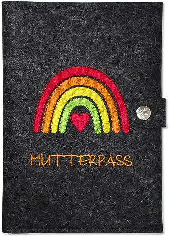 Goldi-Design Housse pour carnet de maternité arc-en-ciel orange avec compartiments supplémentaires et fermeture en 100 % feutre de laine (anthracite chiné)