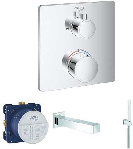 GROHE Bath Concealed Installation Set with Spout, Hand Shower Set and Cube Thermostatic Mixer, Chrome