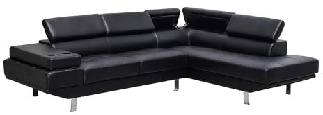Black Bonded Leather Sofa - Luxury L Shape Corner Suite for Living Room Furniture - Modern Adjustable Headrests With Cup Holder - Luxury Cheap Couches 9331 (RIGHT HAND SIDE)