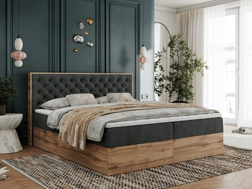 MKS MEBLE Boxspringbett 200x200 cm Albero 3 mit Bettkasten & Kopfteil, Bett mit Gesteppte Kopfstütze und Holzrahmen – Multipocket Matratze H3 – Dunkelgrau Strukture – Topper T25