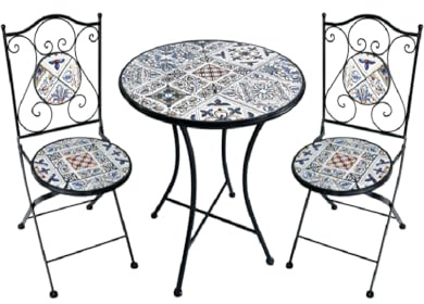 COSE DA CASA Set di Tavolo rotondo con 2 sedie in metallo e ceramica mosaico arredo giardino terrazzo Balcone bar pub hotel ingresso androne