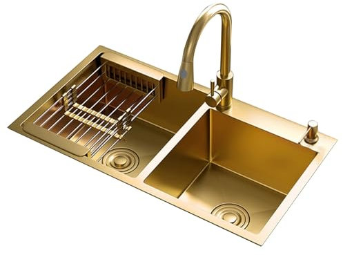Küche, Apartment, Bar, Doppelwaschbecken, große Küche, Geschirrspülbecken, Gold, Edelstahl, handgefertigt, für Zuhause, Badezimmer, Wasserbecken, leicht zu reinigende Waschbecken (Farbe: Gold, Größe: