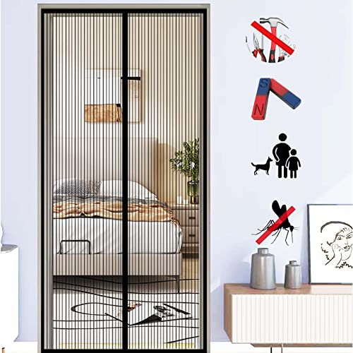 Magnetischer Insektenschutzvorhang mit robustem starkem Magnetverschluss, kein Bohren erforderlich, ideal für Türen und Fenster, Schwarz, 175 x 240 cm