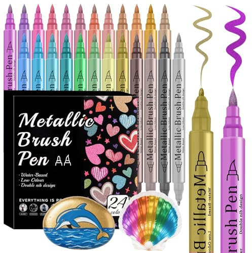 Funnasting Metallic Marker Pens, 24 Colours, Dual Tip for Black Paper