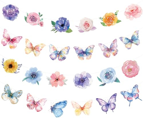 2PCS Flower Butterfly Banner Garland Spring Flower Butterfly Decorations Vintage Wildflower Garland for Birthday Baby Shower Garden Fairy Tea Party Office Classroom Summer Spring Decor