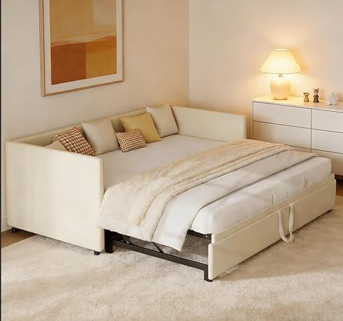 Julyue Tagesbett Ausziehbar Schlafsofa Samtstoff Polsterbett 90/180x200cm Bettsofa Ausziehbett Sofabett Ausziehbares Jugendbett Gästebett mit Lattenrosten, Ohne Matratze (Beige)