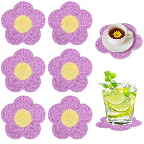 beinkmake 6Pcs Flower Crochet Coasters Handmade Drink Coaster Set Knitted Coasters Woven Cup Mat Cute Funny Plant Pot Coaster Soft Table Protection Gift for Hot Drinks Coffee Tea