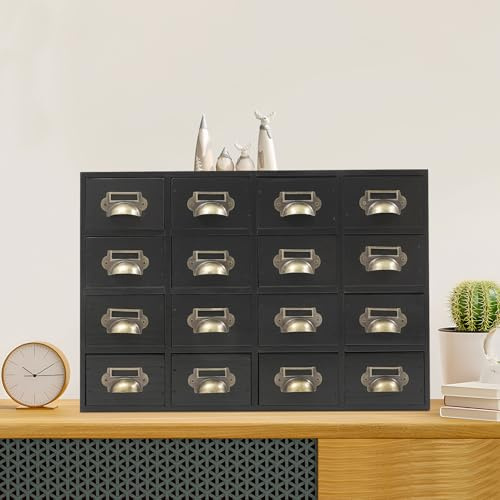 Tagtuell Schreibtisch-Schubladen-Organizer, Holz Kartenkatalogschrank mit 16 Schubladen, Schlafzimmer-Organisation und Aufbewahrung mit Metallgriffen für Heimbüro, Kommode, Schwarz