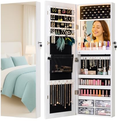LUXFURNI Miroir à lumières LED à fixer au mur ou à suspendre à une porte, miroir pleine longueur de 106,7 cm avec rangement, miroir de maquillage intégré, organisateur de miroir verrouillable, blanc