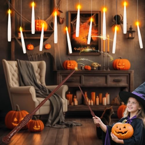 PQETBV Floating Candles da Appendere, 12 Pezzi Candele Sospese con Telecomando a Bacchetta Magica, Fiamma Oscillante di Luce Bianca Calda, Timer 6H, a Batteria per Natale, Halloween, Casa, Chiesa