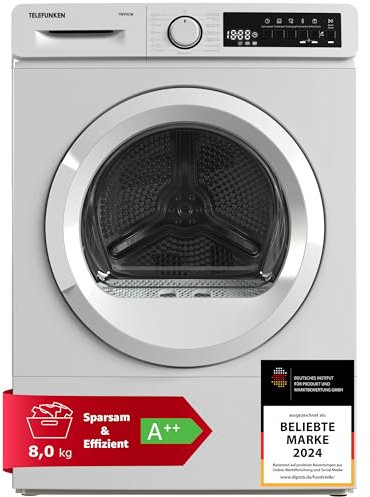 Telefunken Wärmepumpentrockner für 8 kg Wäsche, Trockner Frontlader, Wäschetrockner mit Knitterschutz und Startzeitvorwahl, Energiesparend, leise 64 dB, 15 Programme, Schontrommel, TWP8CW